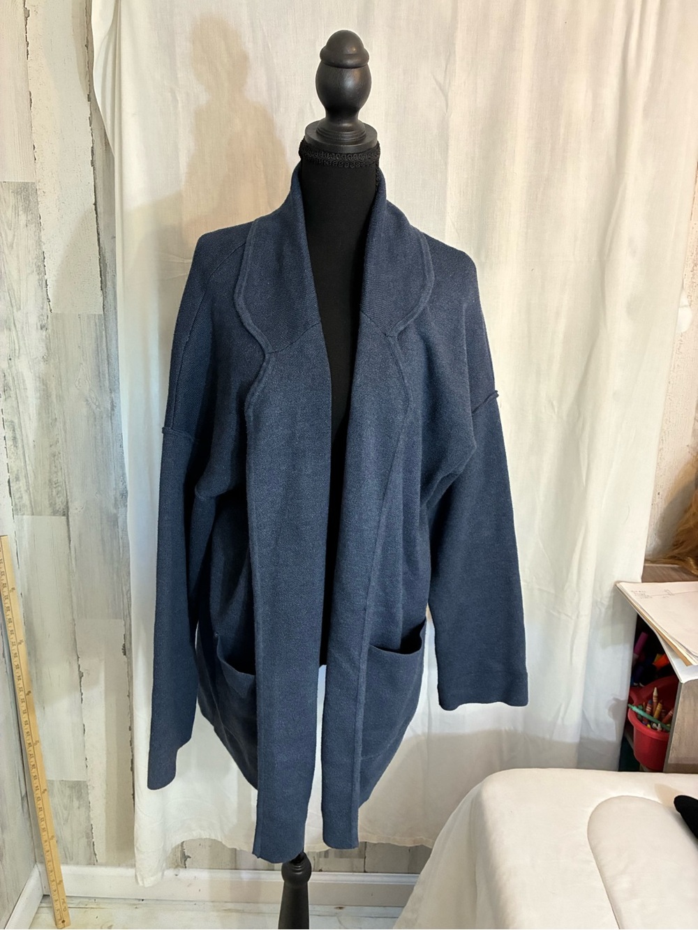 Relaxed Open-Front Navy Knit Cardigan Jacket Women’s Sz XL